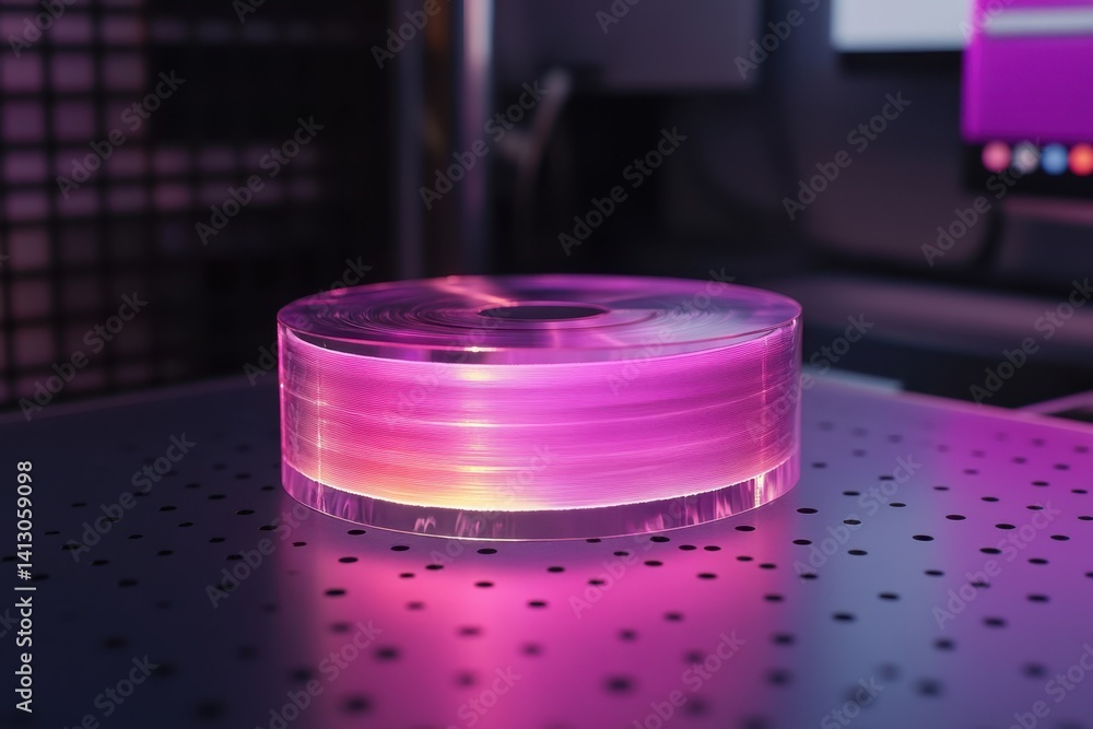Aufkleber circular light object illuminated in purple in a lab setting at night