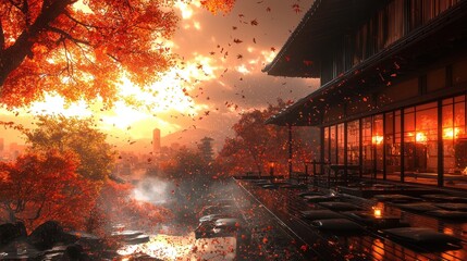 Autumnal Serenity: A Traditional Japanese Building Amidst Falling Leaves