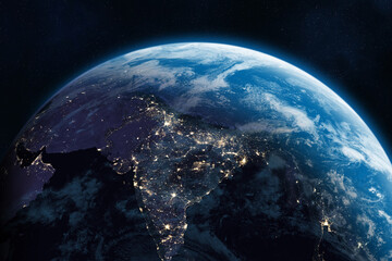 Earth. Space. Asia at night viewed from space with city lights. Near East, Central, West, South, East Asia at night viewed from space, high resolution image. 