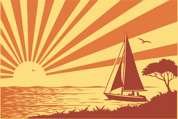 Fototapeta premium 54 Sunset icons, minimalist design, orange and yellow sun, blue waves, black background, geometric shapes, stylized sunrays, graphic illustration, simple lines, vibrant colors, abstract ocean, set of 
