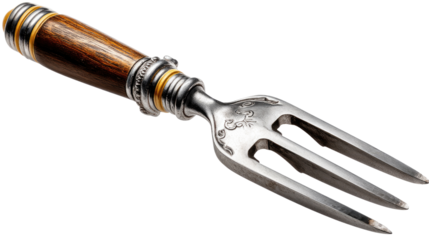 Elegant Three-pronged Fork:A close-up shot of an elegant three-pronged fork with a handcrafted wooden handle, showcasing exquisite detailing and craftsmanship.