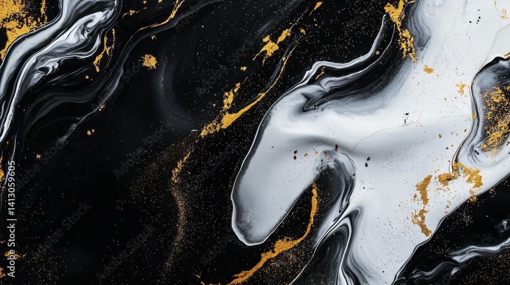 Poster fluid patterns of black and white swirl together, interspersed with gold flecks, creating a bold and