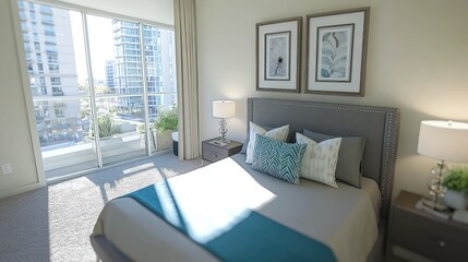 Fototapeta premium Modern Bedroom with City View. Interior Design. Possible use Stock photo for home decor magazines or websites