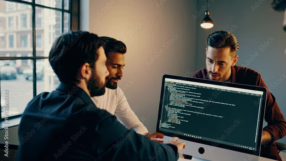 Poster Professional software development team collaborating on coding project, analyzing programming challenges and designing innovative solutions at modern office workspace