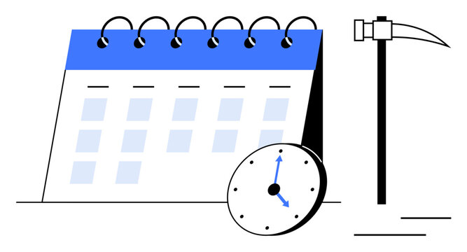 Spiral calendar, clock, and pickaxe symbolizing scheduling, time management, work efficiency, and planning. Ideal for productivity, discipline, project organization deadlines workforce efficiency