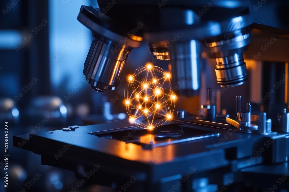 Poster exploring microstructures with a microscope at a research laboratory during evening hours