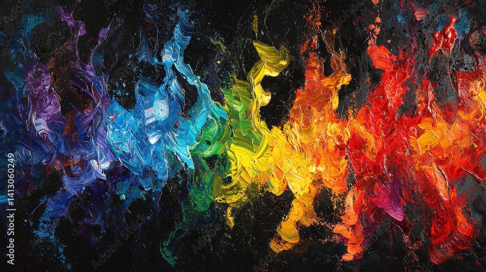 Poster swirling patterns of bright colors blend seamlessly across a dark backdrop, creating an energetic an