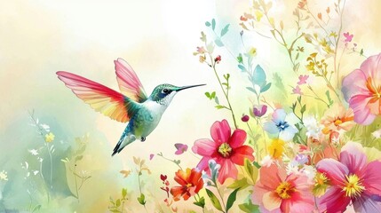 A hummingbird gracefully hovers in front of a lush arrangement of blooming flowers in a tranquil garden setting. The colors are vivid and enchanting, highlighting spring