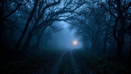 Enchanting forest path with eerie twisted branches and city lights glowing through fog Mysterious and captivating scene