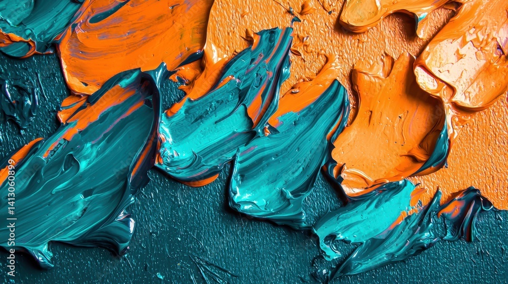 Poster bold strokes of orange and teal create a dynamic abstract composition. the thick paint application a