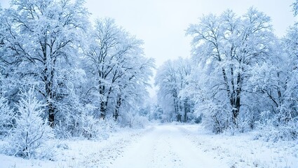 Obraz premium Tranquil winter forest landscape with a winding path frost kissed trees and a chilling sky