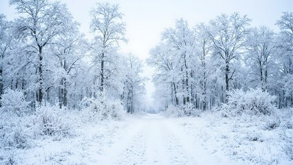 Obraz premium Tranquil winter forest landscape with a winding path frost kissed trees and a chilling sky