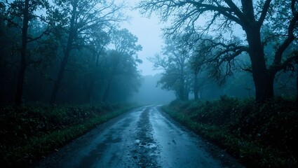 Fototapeta premium Escape into the eerie beauty of a forest path in the rain Dark silhouettes of trees and a slick reflective ground create a moody atmosphere