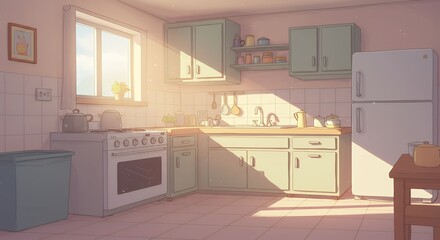 Fototapeta premium Sunlit Kitchen: A Pastel-Colored, Serene Morning Scene