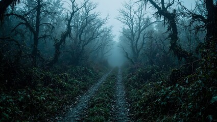 Explore the eerie beauty of a desolate forest maze where ancient trees and dense foliage hide secrets in the haunting mist