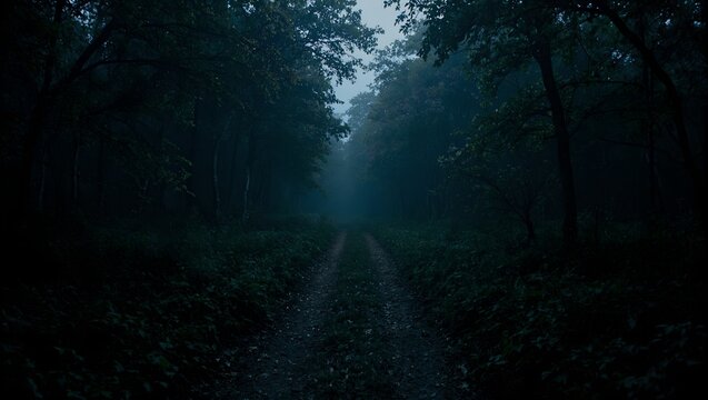 Explore the eerie mystery of a winding path vanishing into a shadowy ominous forest evoking suspense and anticipation