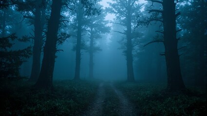 Obraz premium Explore the eerie depths of a fog shrouded forest with twisted trees looming overhead casting ominous shadows on a hidden trail