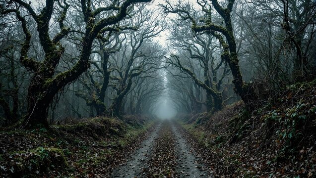 Eerie forest trail with gnarled trees and creeping vines evoking a haunting atmosphere of mystery and solitude