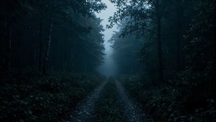 A haunting path winds through a dark eerie forest evoking a sense of foreboding and loneliness