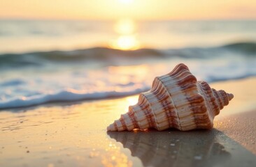 Abeach shell resting on wet sand near the water's edge. The background showcases a calm sea under a warm golden light