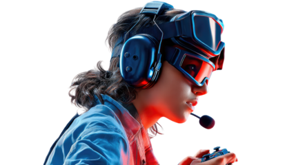 Immersive Gaming Experience: A young gamer deeply engrossed in a virtual reality game, the headset's neon glow illuminating a futuristic scene, and the essence of the digital realm.