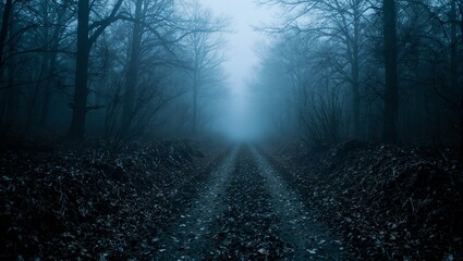 Obraz premium Explore the eerie beauty of a fog laden forest path littered with brittle leaves and broken twigs invoking a haunting sense of decay
