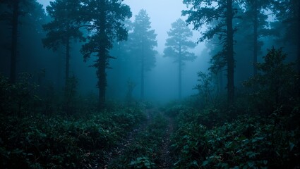Discover a haunting forest path shrouded in mist flanked by eerie trees and mysterious light Ideal for spooky or mysterious concepts