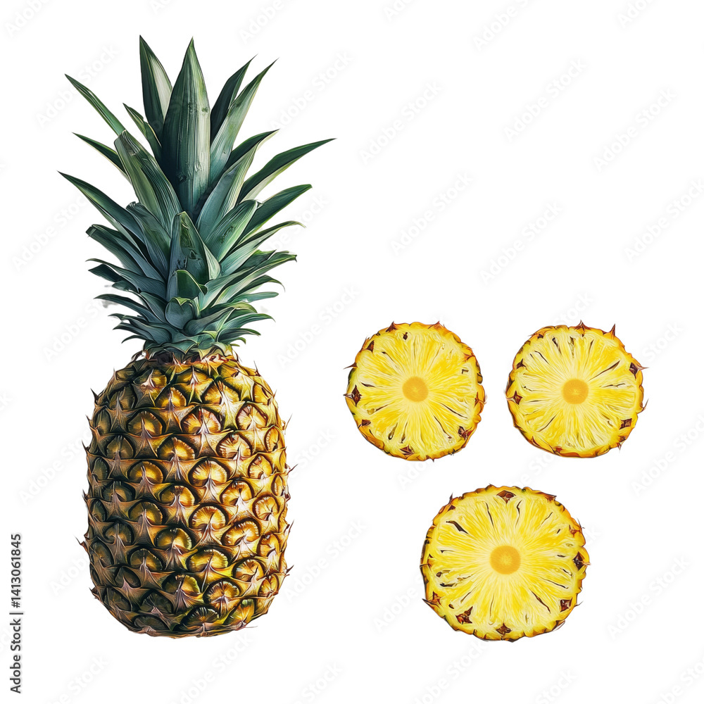 Poster studio composition of whole pineapple and sliced circles set against dark backdrop