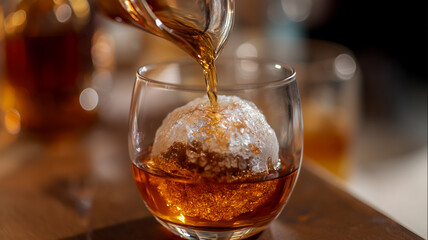 Fototapeta premium Pouring amber liquid into a glass with a large ice ball, creating a visually appealing and refreshing beverage experience.