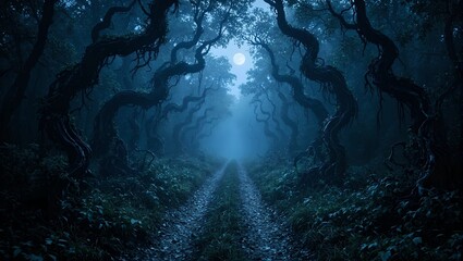 Explore the eerie beauty of a moonlit forest path with gnarled trees and creeping vines creating a hauntingly captivating scene