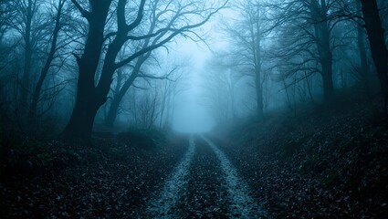 An eerie forest trail enveloped in dense fog twisted trees casting haunting shadows evoking a sense of spooky mystery