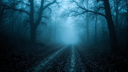 An eerie forest trail enveloped in dense fog twisted trees casting haunting shadows evoking a sense of spooky mystery