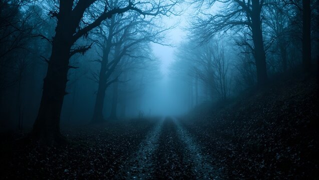 An eerie forest trail enveloped in dense fog twisted trees casting haunting shadows evoking a sense of spooky mystery