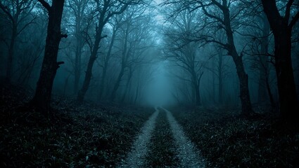 Explore an eerie forest path with twisted leafless trees in this haunting nature scene