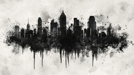 A dramatic skyline featuring tall buildings stands out against a textured backdrop. The scene captures urban life with splash effects that add a creative flair to the cityscape