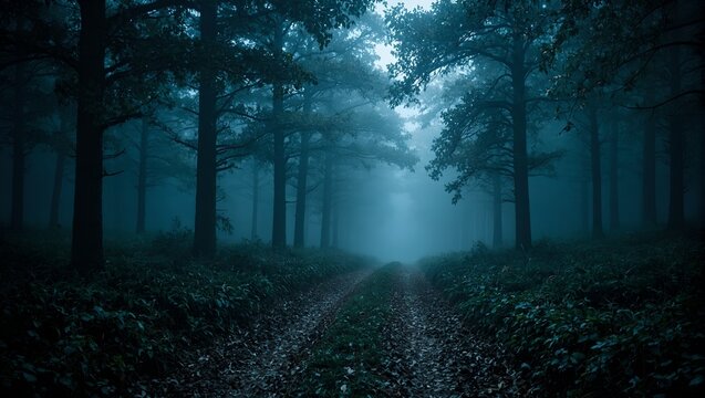 Explore the eerie depths of a mist wreathed forest path bordered by looming trees shrouded in silence and the unknown