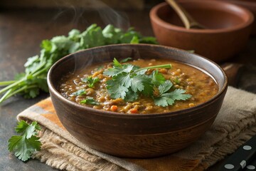 Delicious lentil soup in a rustic bowl garnished with fresh cilantro