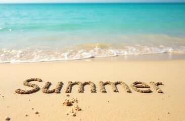 The word ‘SUMMER ' is etched into the sand, on sandy beach with clear blue water in the background 