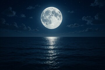 Full Moon Illuminates Calm Ocean Under Starry Night Sky With Soft Clouds