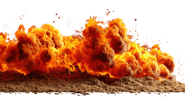Fiery Explosion of Energy: A powerful explosion erupts in a dramatic display of raw energy and force, with the vibrant hues of flame and smoke juxtaposed against the earth