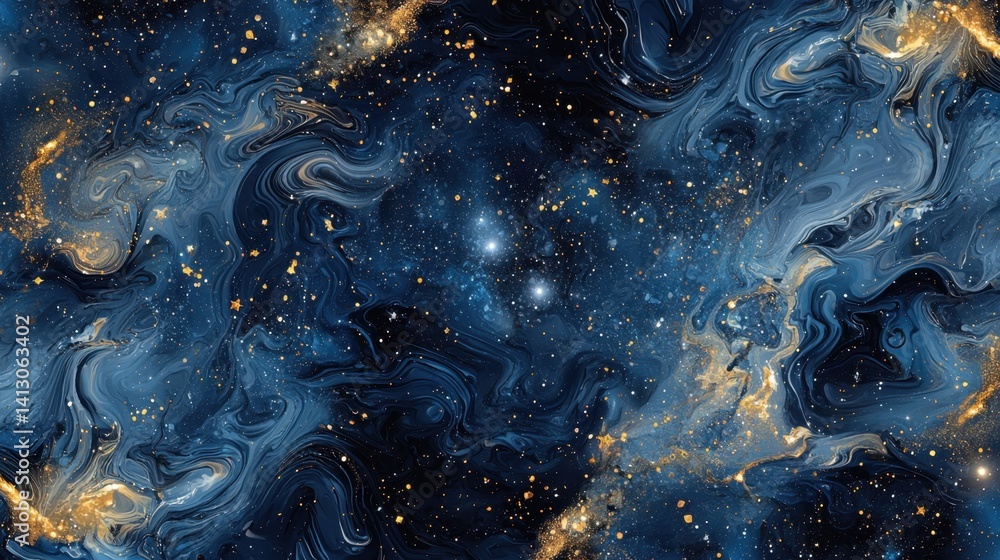 Poster a captivating cosmic panorama displays intricate swirling patterns of deep blue and shimmering gold.