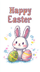 Happy Easter card with pixel white bunny and Easter eggs. Cute cartoon character. Holiday card.