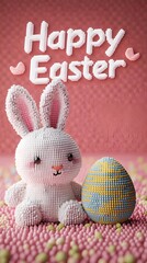 Pixelated little white bunny and pink Easter egg. Cute 3D character. Happy Easter card.