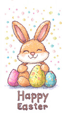 Happy Easter card with pixel smiling bunny and Easter eggs. Cute cartoon character. Holiday card.