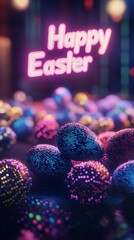 Modern computer postcard with galactic pixelated Easter eggs and glowing neon text Happy Easter. Greeting Easter card.