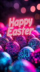 Computer galactic Easter card with pixelated Easter eggs and glowing neon text Happy Easter. Modern computer graphics postcard.