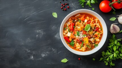 tomato stew or soup top view on black background with copy space. ai generated