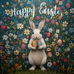 Easter postcard with a white rabbit painted and colored eggs on floral wallpaper background. Greeting Easter card.