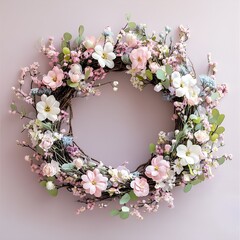 Willow wreath with pink flowers. Spring greeting card.