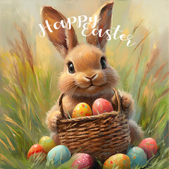 Easter postcard with a cute bunny painted in oil paints, with a wicker basket and colored eggs. Greeting Easter card.